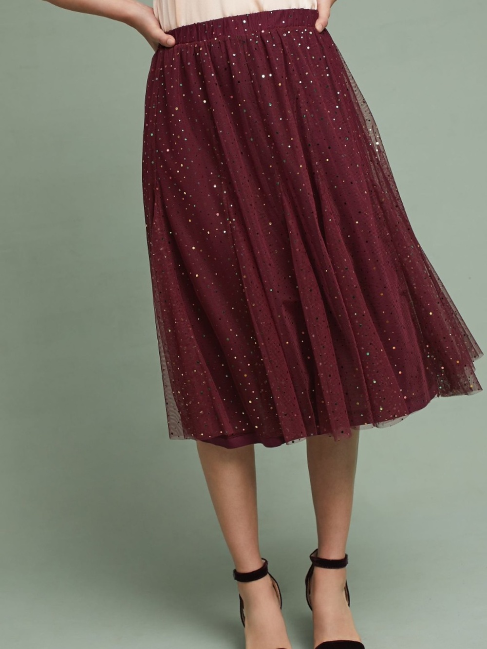 Anthropologie HD in Paris Everly Tulle Midi Skirt Burgundy Metallic S